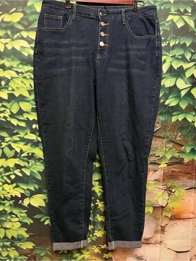 SHEIN Dark Blue High-Rise Boyfriend Jeans with Button Fly